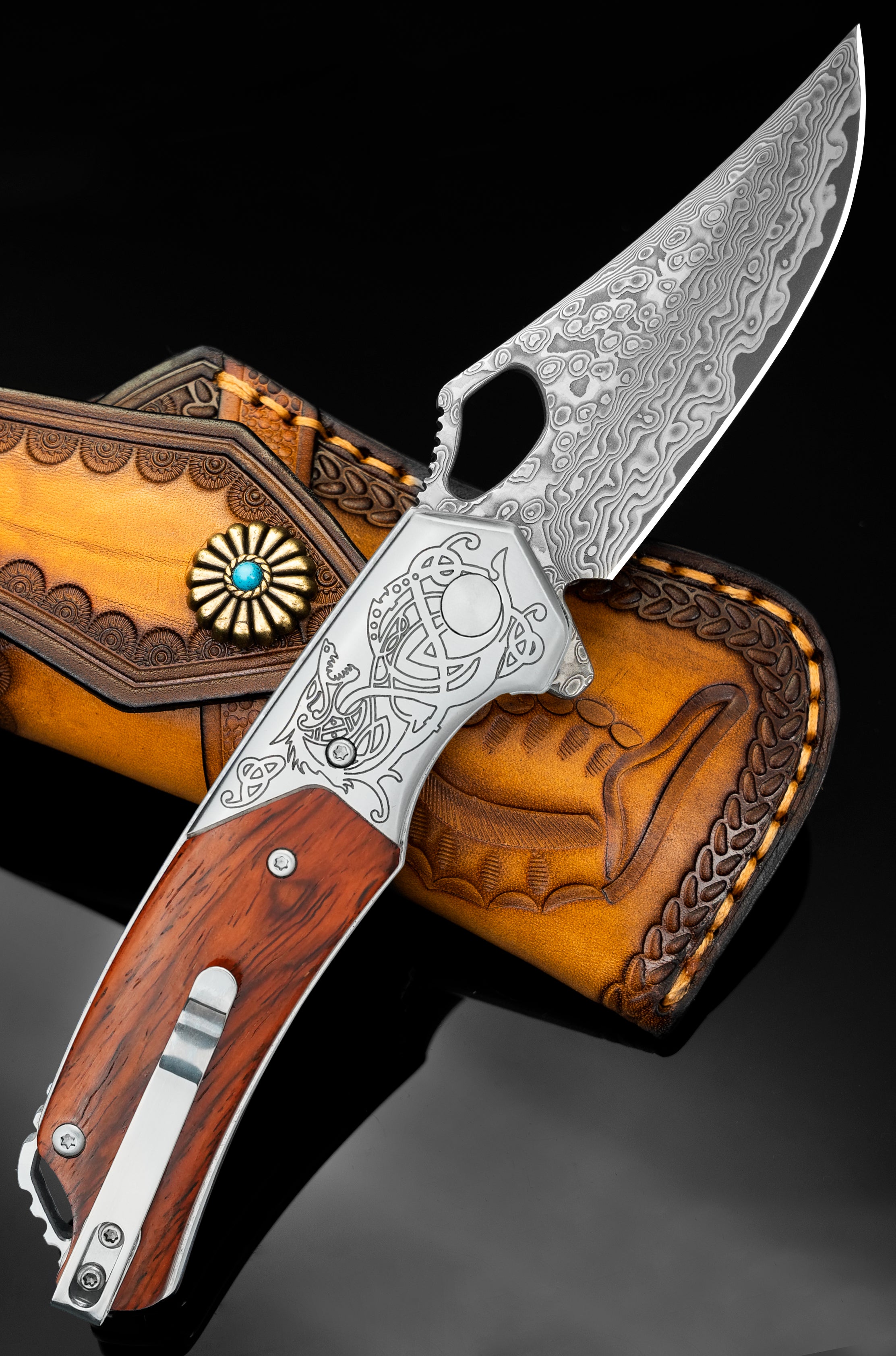 NedFoss tiger-shark 2.75 Damascus Pocket Knife with Engraved