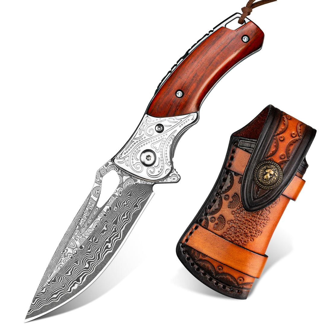 Nedfoss Heron Damascus Pocket Knife, 2.75"VG10 Damascus Steel Blade and Sandalwood Handle, Comes with Retro Leather Sheath