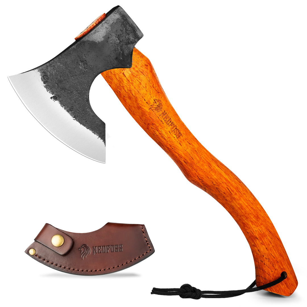 Nedfoss Camping Hatchet Axe, Wooden Handle Bushcraft Axe with Sheath, Viking Axe with Steel Wedge, Hand Forged Hatchet