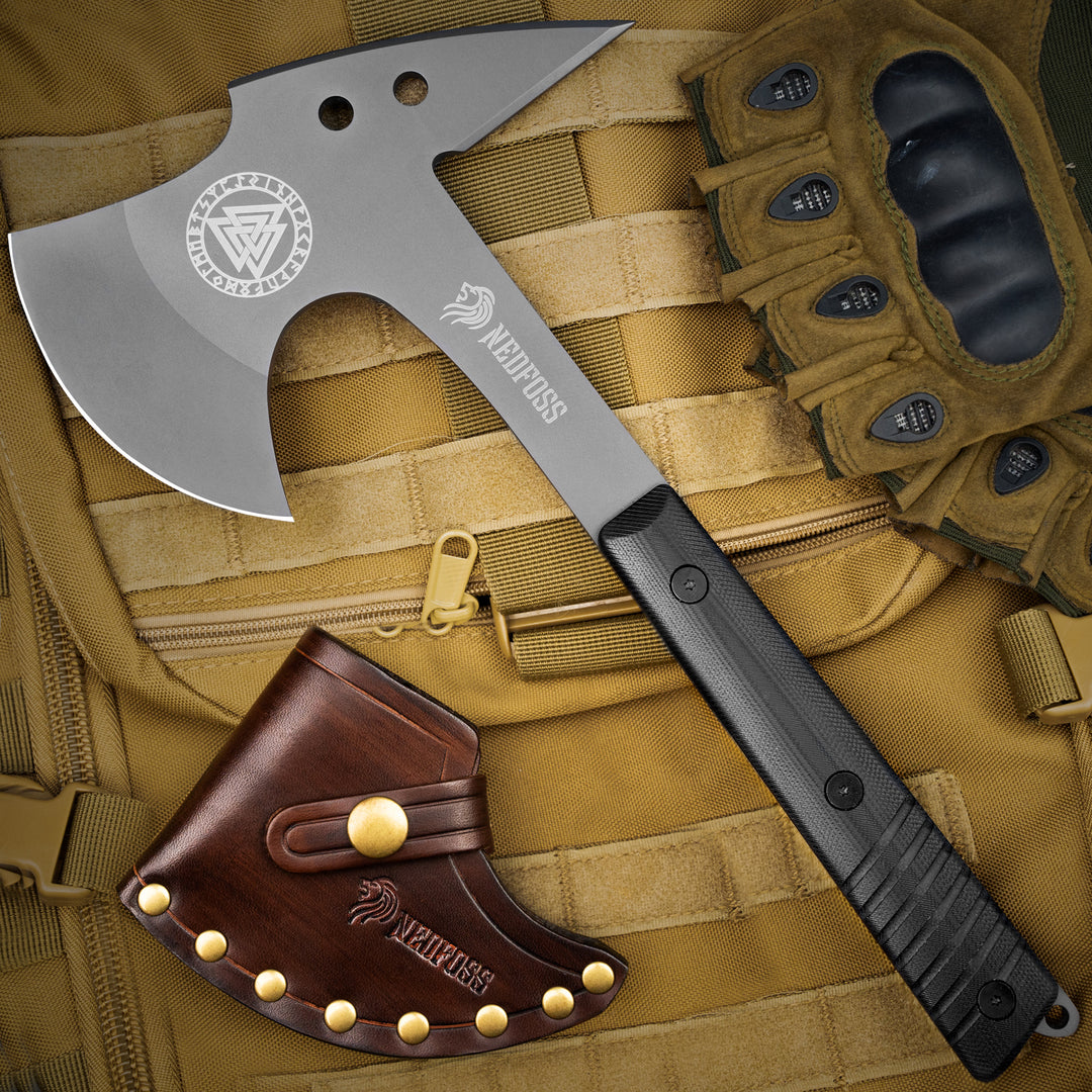 Nedfoss Eagle Full Tang Tactical Tomahawk and Viking Axe with Spike and Leather Sheath, Survival Hatchets