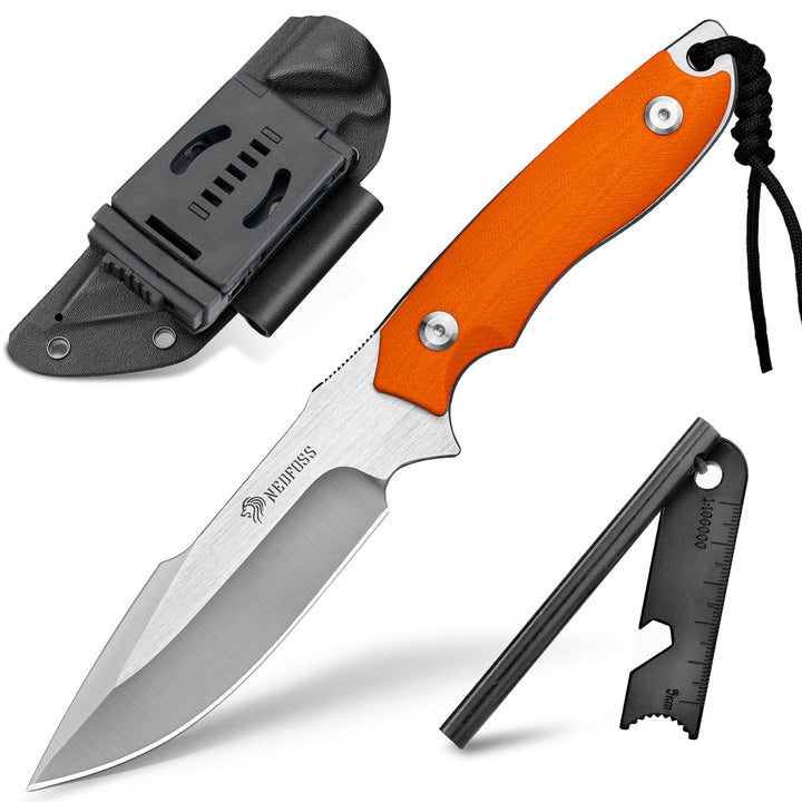 Nedfoss Free-Wolf Fixed Blade Survival Knife with 5Cr13Mov Blade and G10 Handle, Comes With Fire Starter and Kydex Sheath