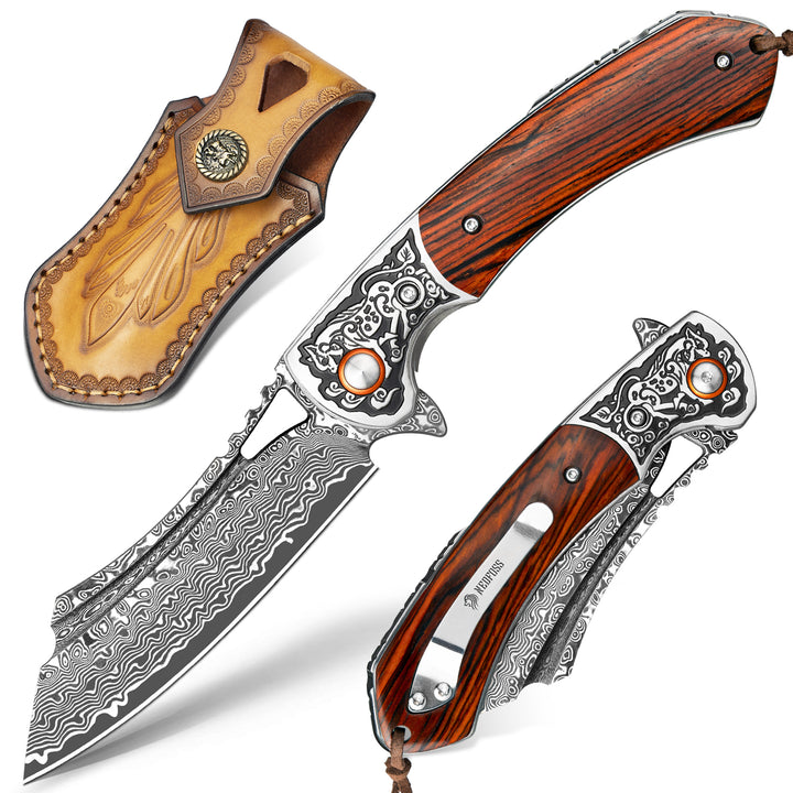 Nedfoss Unicorn Damascus 3.5"VG10 Steel Blade Pocket Knife with Leather Sheath and Sandalwood Handle