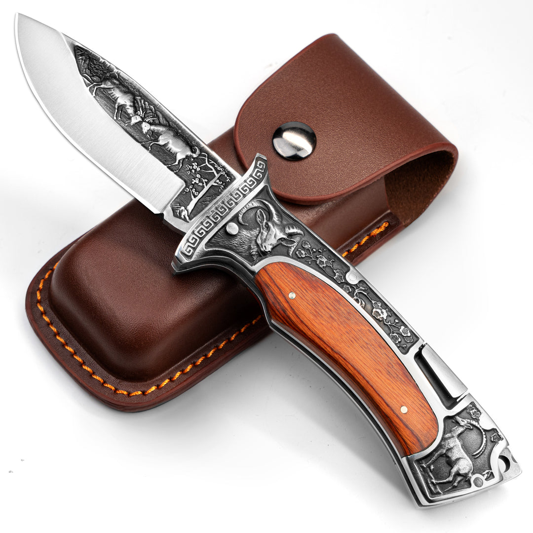 Nedfoss Rams Folding Pocket Knife with 3.8” Engraved Blade and Wood Handle