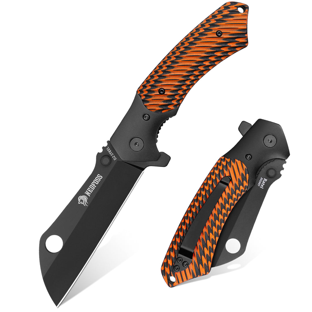Nedfoss Ratel Cleaver Pocket Knife, D2 Steel Black PVD Blade Folding Knife with Clip