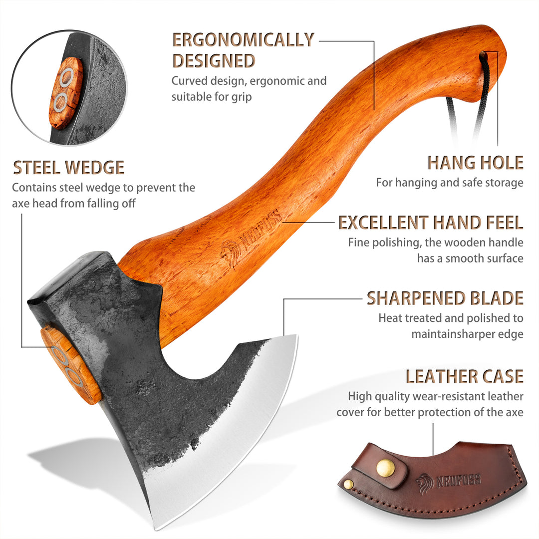 Camping Hatchet Axe, Wooden Handle Bushcraft Axe with Sheath, Viking Axe with Steel Wedge, Hand Forged Hatchet