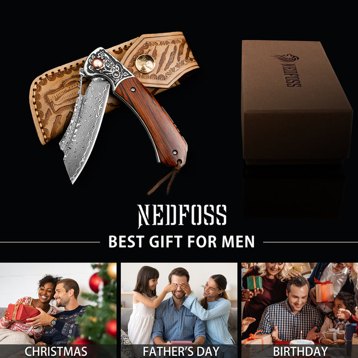 UNICORN Damascus Pocket Knife with Leather Sheath, VG10 Steel Blade with Sandalwood Handle