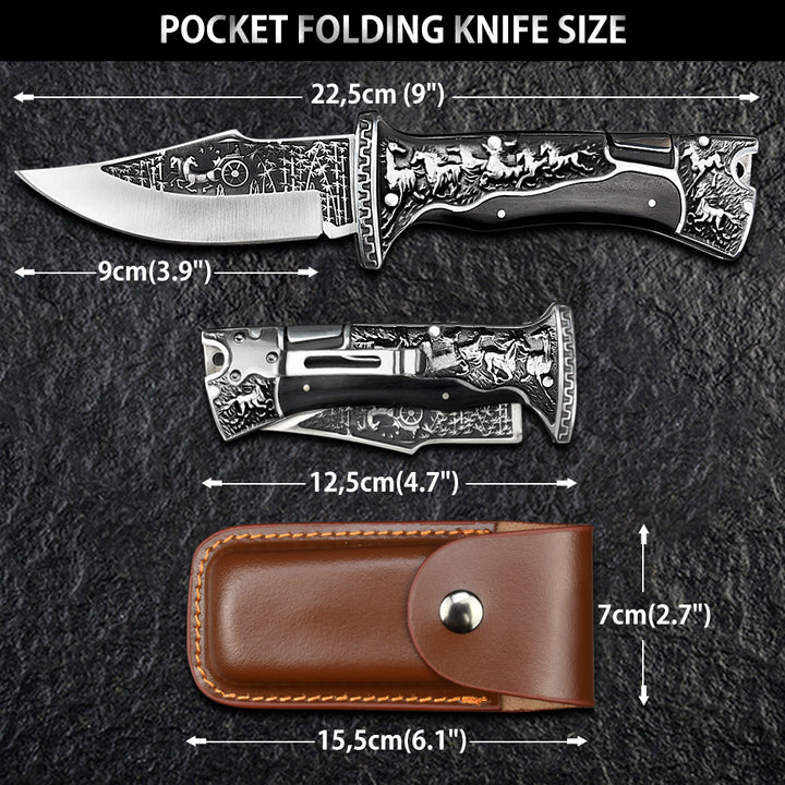 Horse Pocket Folding Knife, 440C Blade and Engraved Handle