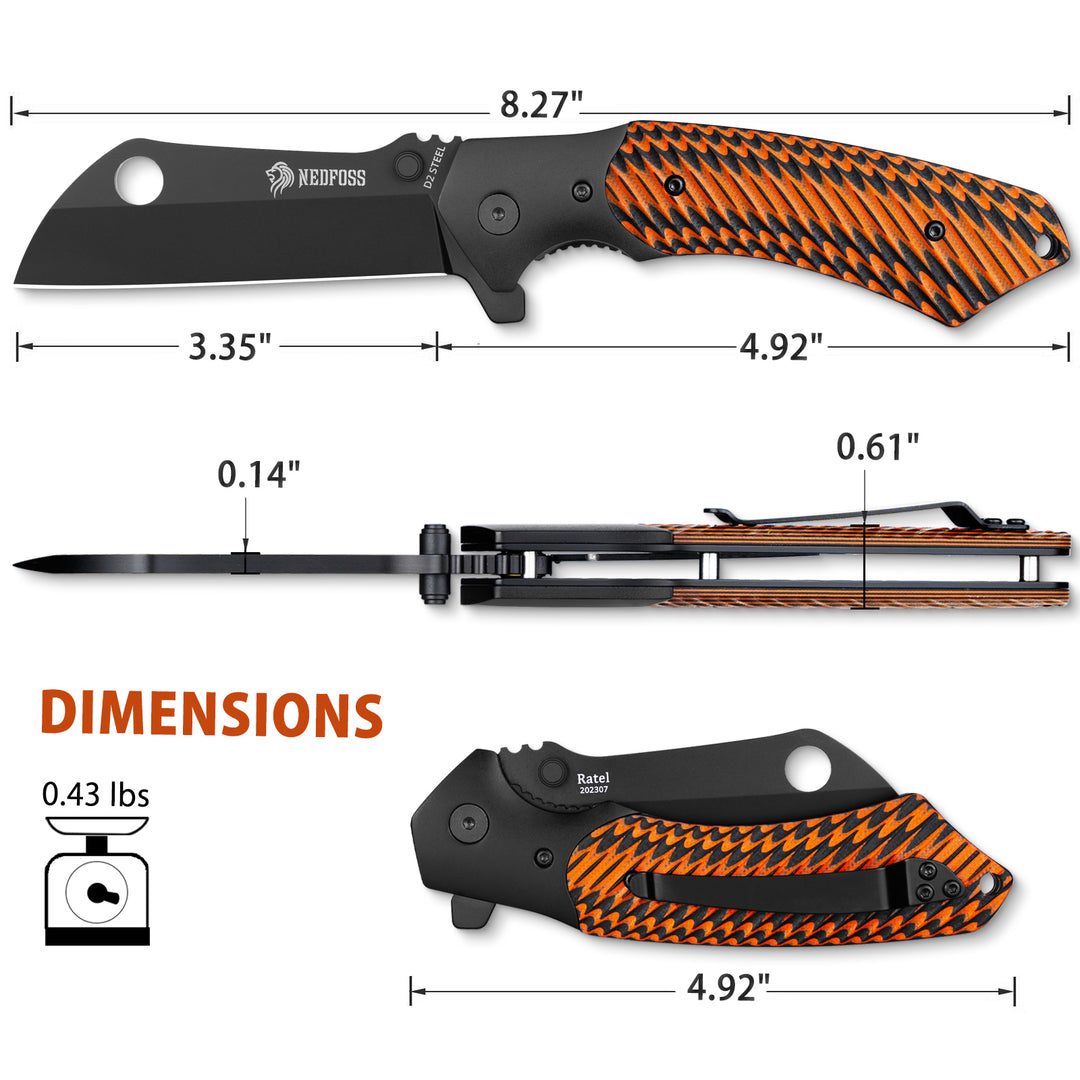 Ratel Cleaver Pocket Knife, D2 Steel Black PVD Blade Folding Knife with Clip