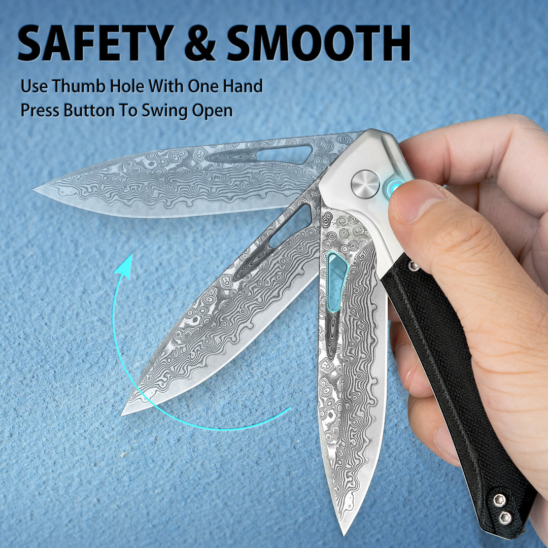 NedFoss ELF III Damascus 3.28" Button Lock EDC Folding Knife with G10 Handle