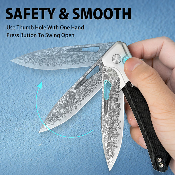 NedFoss ELF III Damascus 3.28" Button Lock EDC Folding Knife with G10 Handle