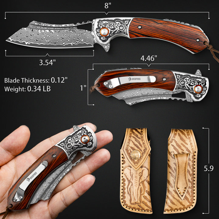 Nedfoss UNICORN Damascus Pocket Knife with Leather Sheath, 3.54"VG10 Steel Blade with Sandalwood Handle