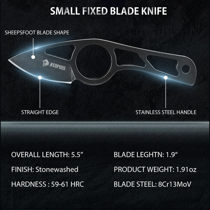 NedFoss 1.9" Spear Finger Hole Fixed Blade Small Neck Knife with Sheath and Necklace