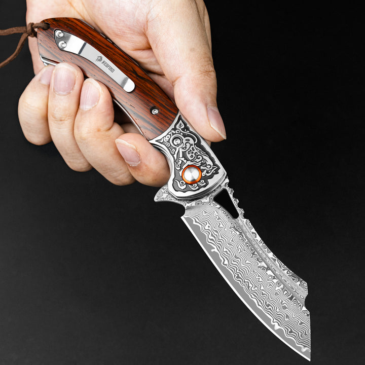 UNICORN Damascus Pocket Knife with Leather Sheath, VG10 Steel Blade with Sandalwood Handle