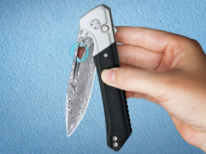 NedFoss ELF III Damascus 3.28" Button Lock EDC Folding Knife with G10 Handle