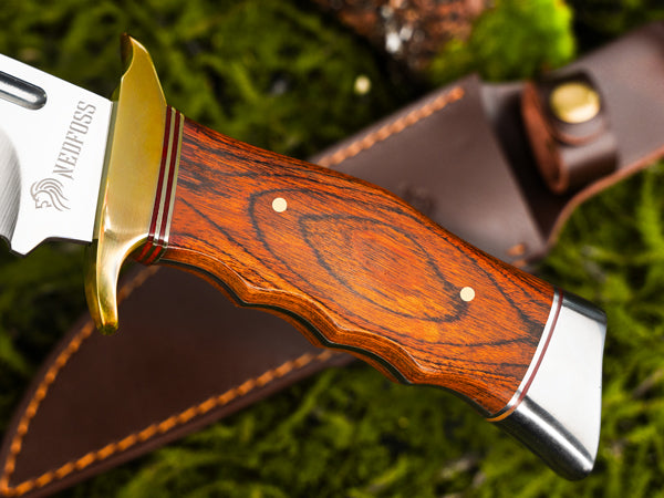 NedFoss SA78 Fixed Blade Bowie Knife with Leather Sheath, 7'' 440 Blade Hunting Knife Survival Knives with Wood Handle