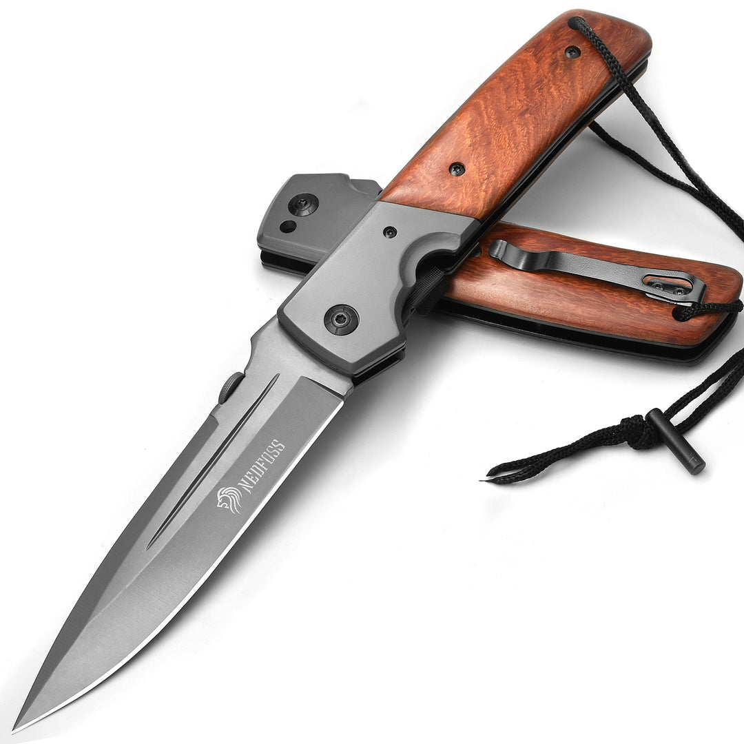Nedfoss DA52 Huge Pocket Knife, 5" Long Blade Folding Knife with Wood Handle, Safety Liner Lock and Belt Clip