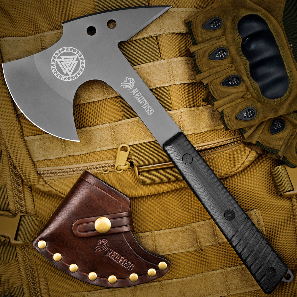 NedFoss Eagle Full Tang Tactical Tomahawk and Viking Axee with Spike and Leather Sheath, Survival Hatchets