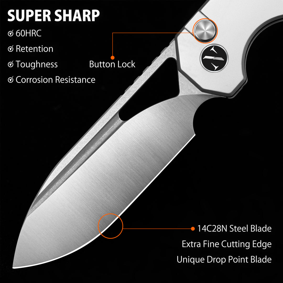 NedFoss COUGAR 3.43" Sandvik 14C28N Blade Folding Pocket Knife with Button Lock