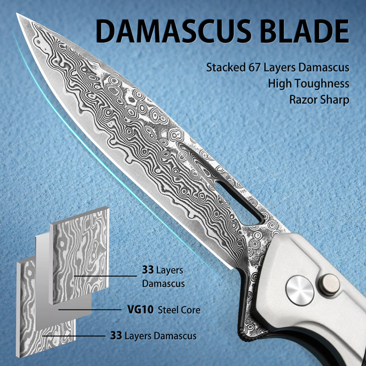 NedFoss ELF III Damascus 3.28" Button Lock EDC Folding Knife with G10 Handle