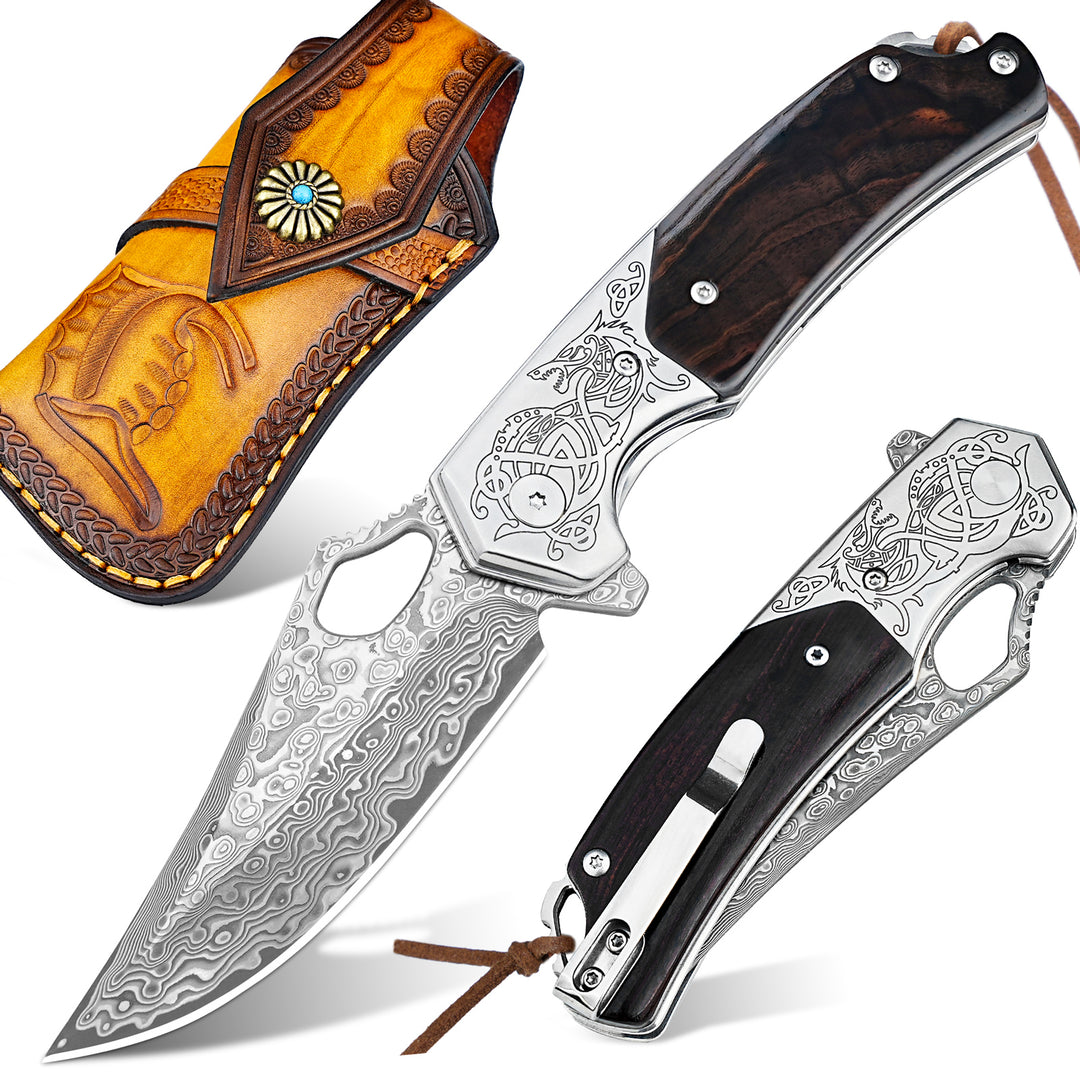 Nedfoss Pterosaur Damascus Pocket Knife, VG10 Damascus Steel Blade and Sandalwood Handle, Comes with Leather Sheath