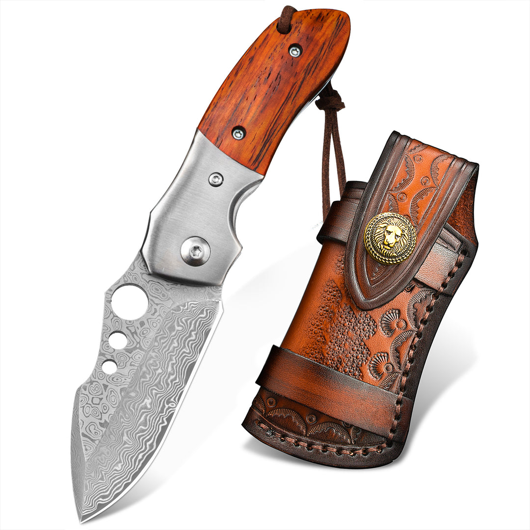 Nedfoss Parrot  Damascus Pocket Knife with Sandalwood Handle, Comes With Leather Sheath