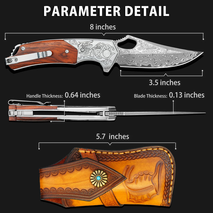 Pterosaur Damascus Pocket Knife, VG10 Damascus Steel Blade and Sandalwood Handle, Comes with Leather Sheath