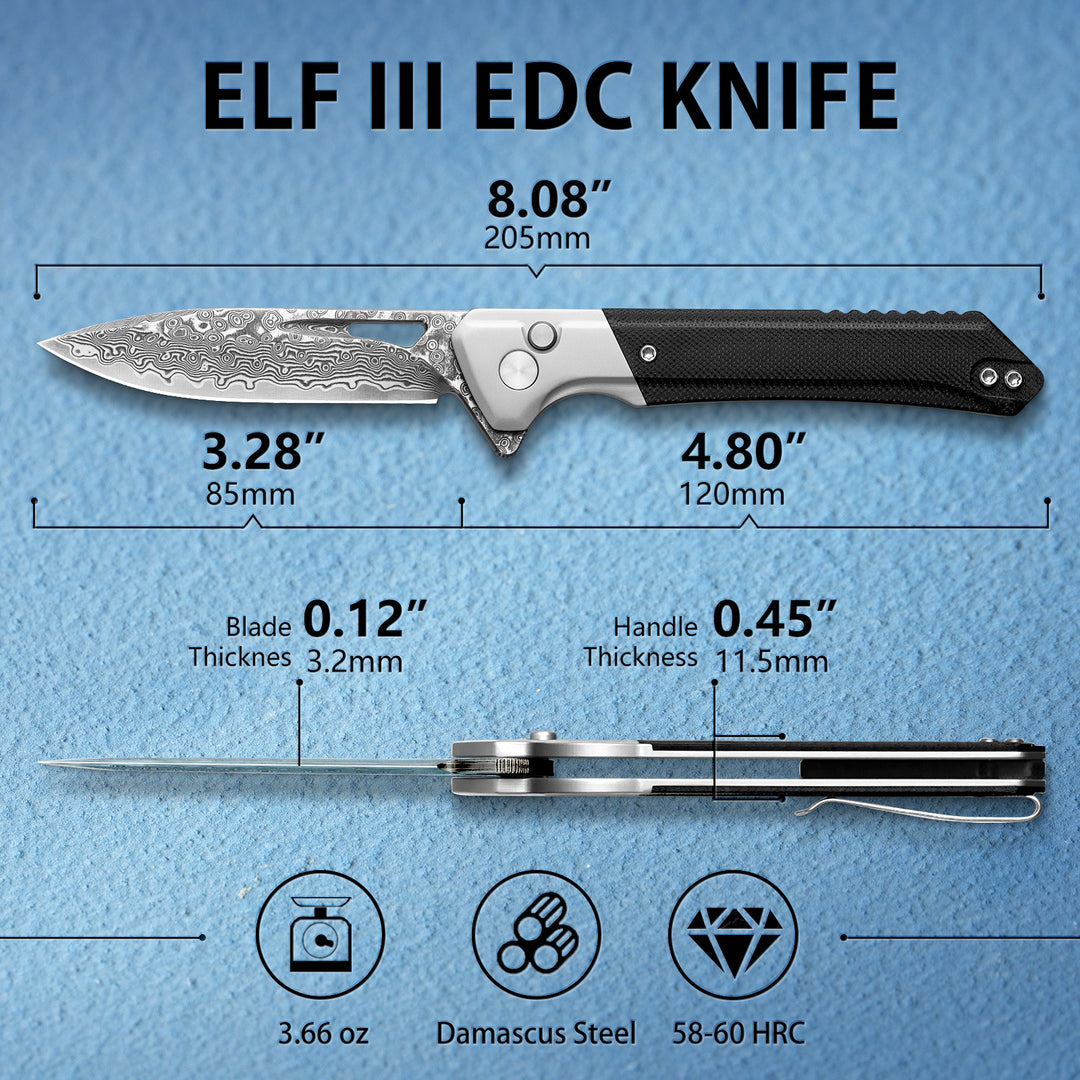 NedFoss ELF III Damascus 3.28" Button Lock EDC Folding Knife with G10 Handle