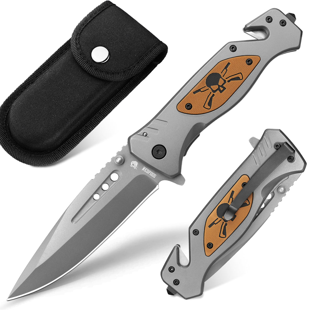 Nedfoss Tactical Folding Knife with Glass Breaker and Seatbelt Cutter, Pocket Clip, Skull G10 Handle
