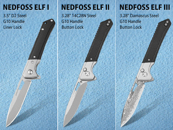 NedFoss ELF III Damascus 3.28" Button Lock EDC Folding Knife with G10 Handle