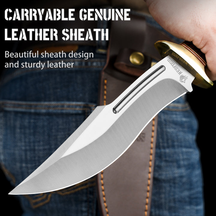 NedFoss SA78 Fixed Blade Bowie Knife with Leather Sheath, 7'' 440 Blade Hunting Knife Survival Knives with Wood Handle