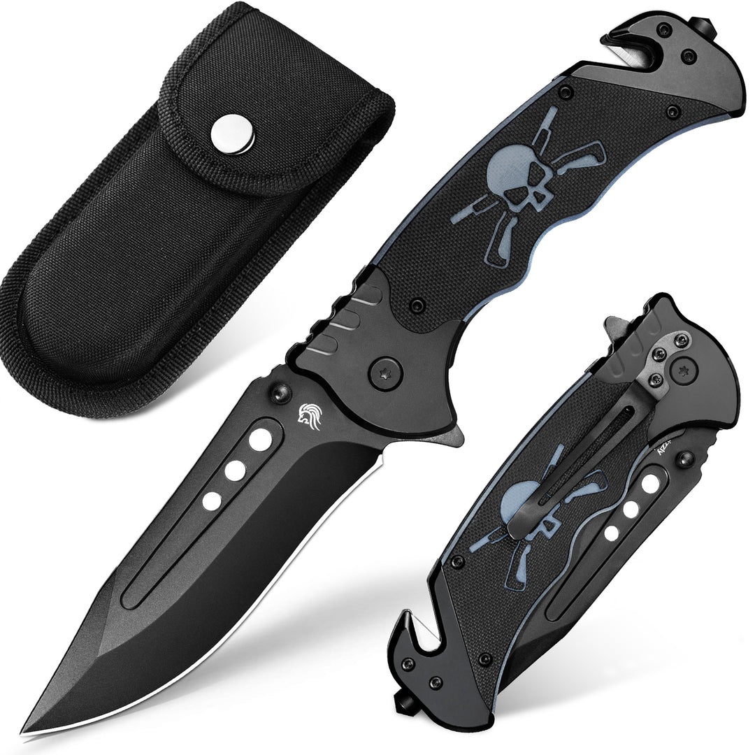 Nedfoss Grizzly Tactical Pocket Knife with Glass Breaker and Seatbelt Cutter, Unique Skull G10 Handle