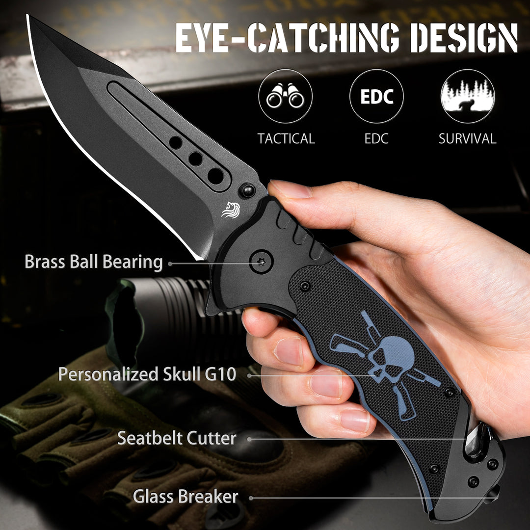 Grizzly Tactical Pocket Knife with Glass Breaker and Seatbelt Cutter, Unique Skull G10 Handle