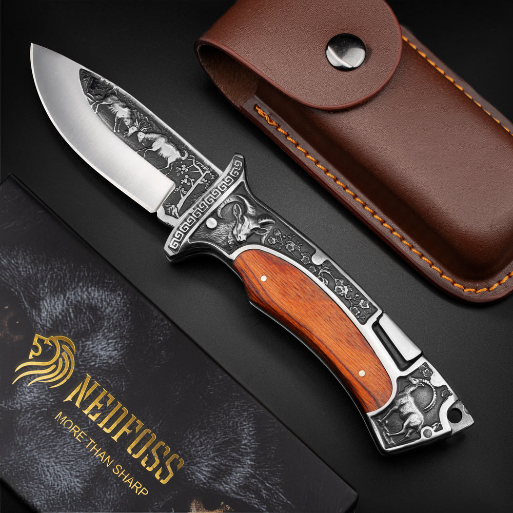 Nedfoss Rams Folding Pocket Knife with Engraved Blade and Wood Handle