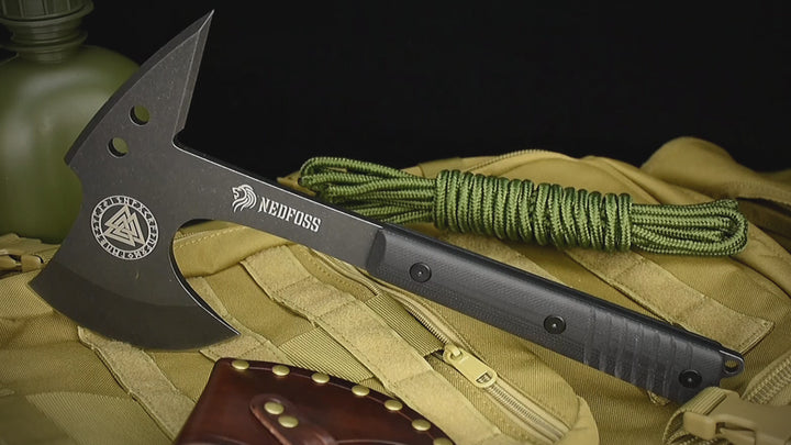 Nedfoss Eagle Full Tang Tactical Tomahawk and Viking Axe with Spike and Leather Sheath, Survival Hatchets