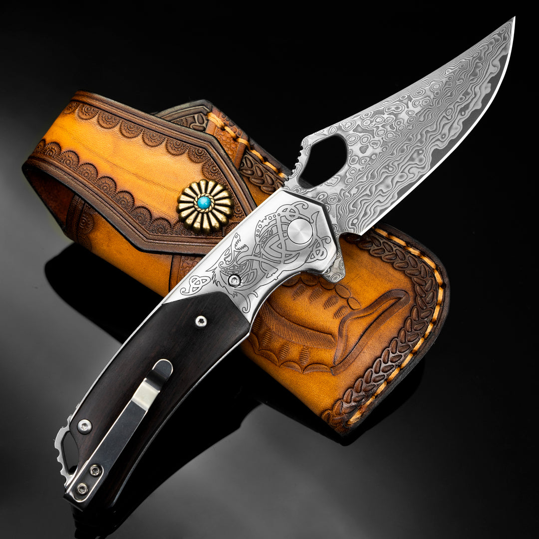 Pterosaur Damascus Pocket Knife, VG10 Damascus Steel Blade and Sandalwood Handle, Comes with Leather Sheath