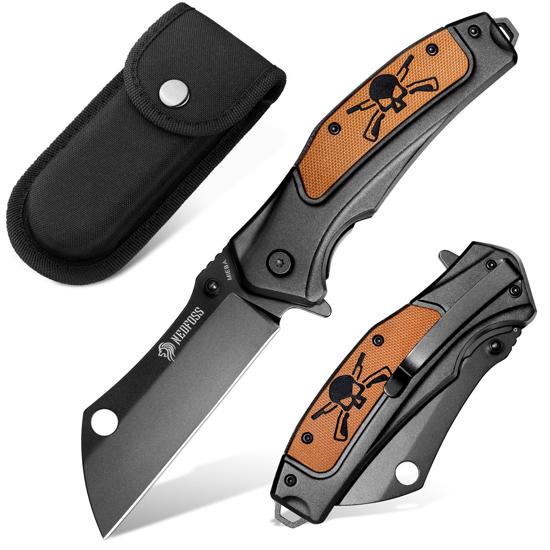 Nedfoss Mieba Pocket Knife , D2 Steel Blade Folding Cleaver Pocket Knives with Clip, Unique Skull G10 Handle, Black Tactical Camping EDC Knife