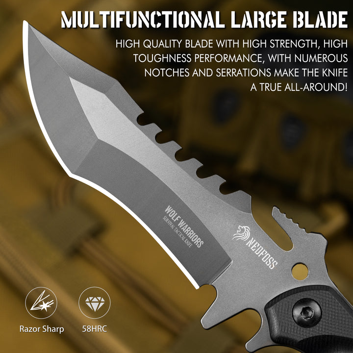Wolf Tactical Survival Knife with Full Tang Fixed Blade and G10 Handle