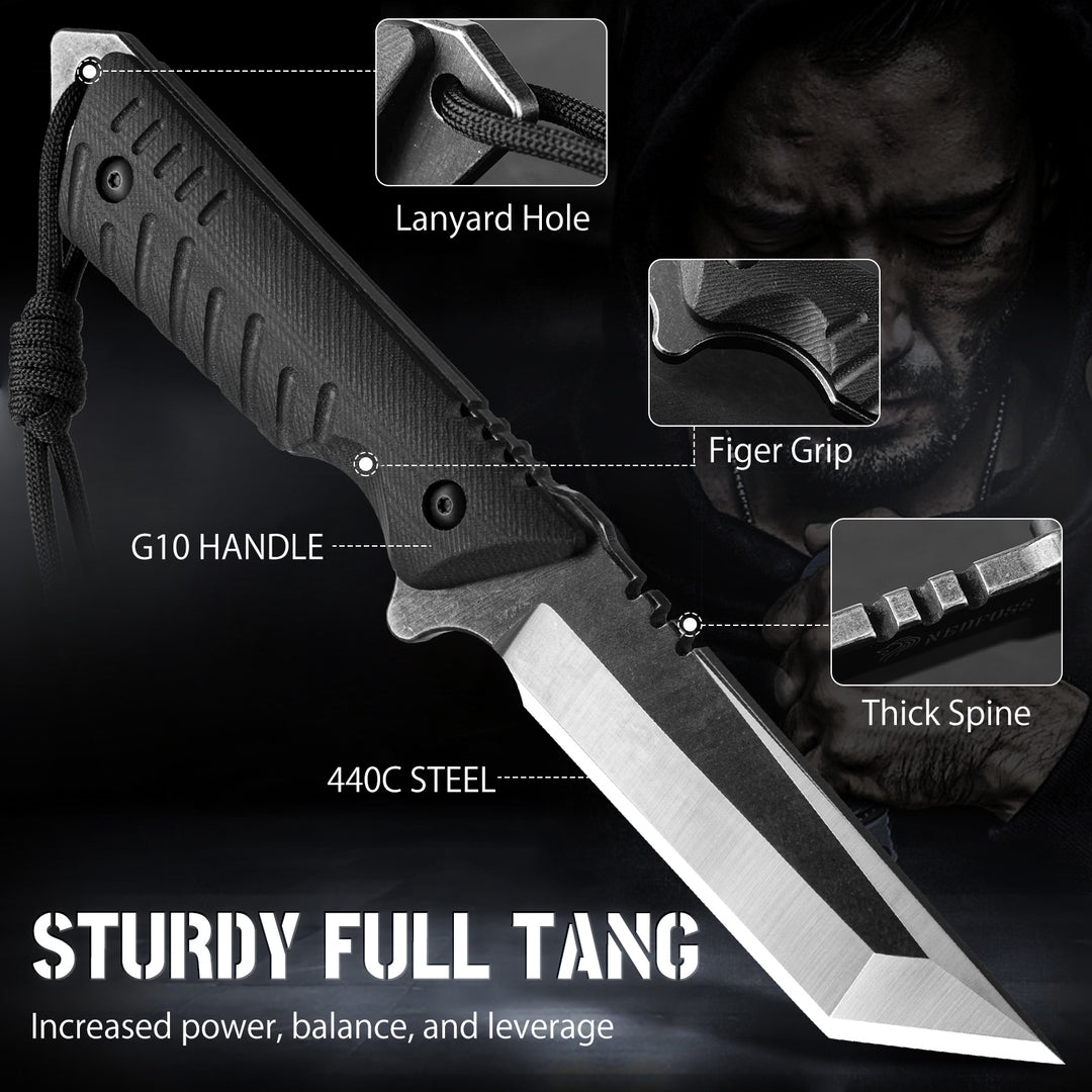 Dragon Fixed Blade Knife with Kydex Sheath and Fire Starter, 440C Full Tang Blade, G10 Handle