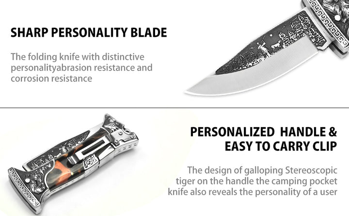 Tiger-roar Pocket Knife with Engraved Blade, Back Lock