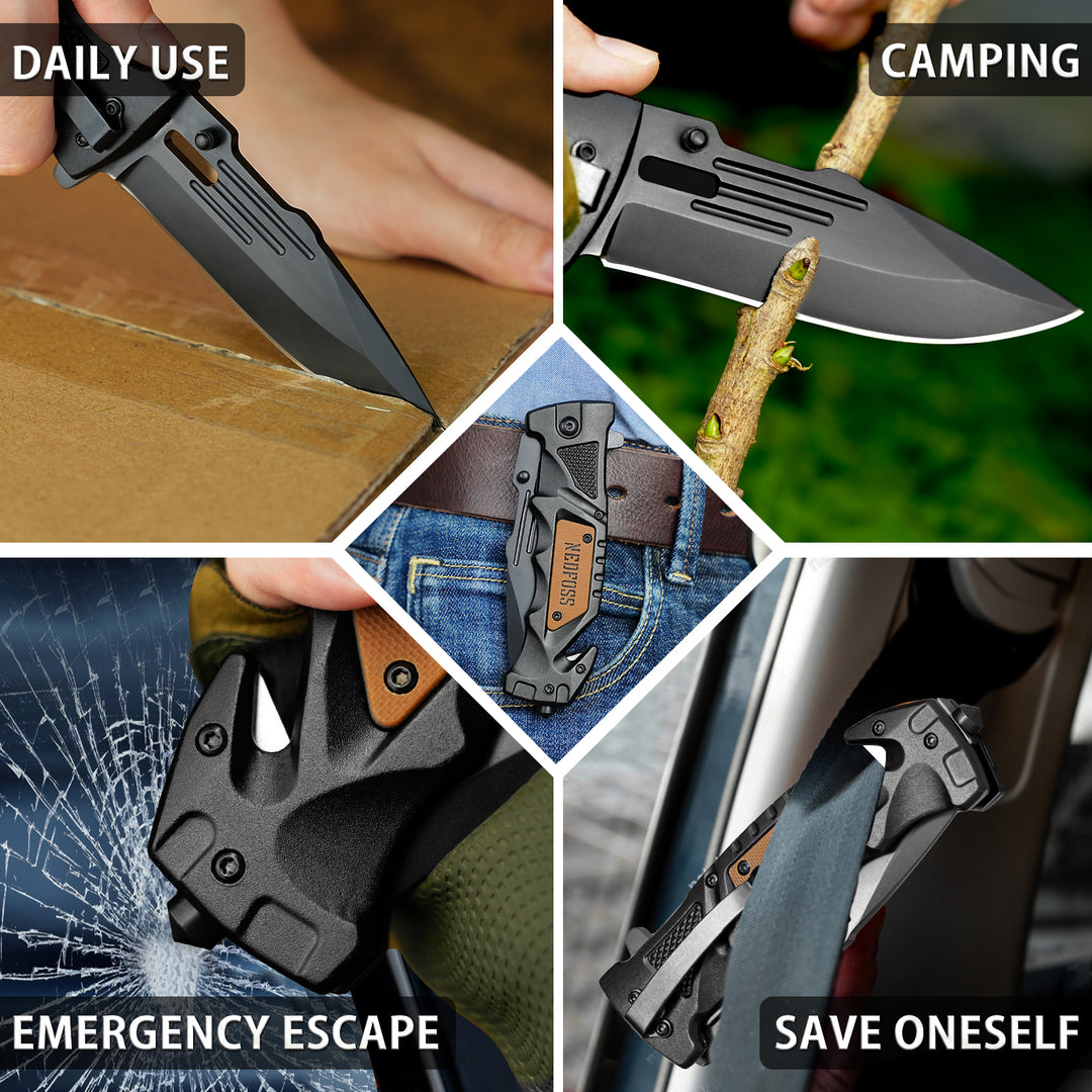NedFoss DA75 Tactical Pocket Knife , 3 in 1 Folding Knife with Seat Belt Cutter, Glass Breaker, Emergency Rescue Tools