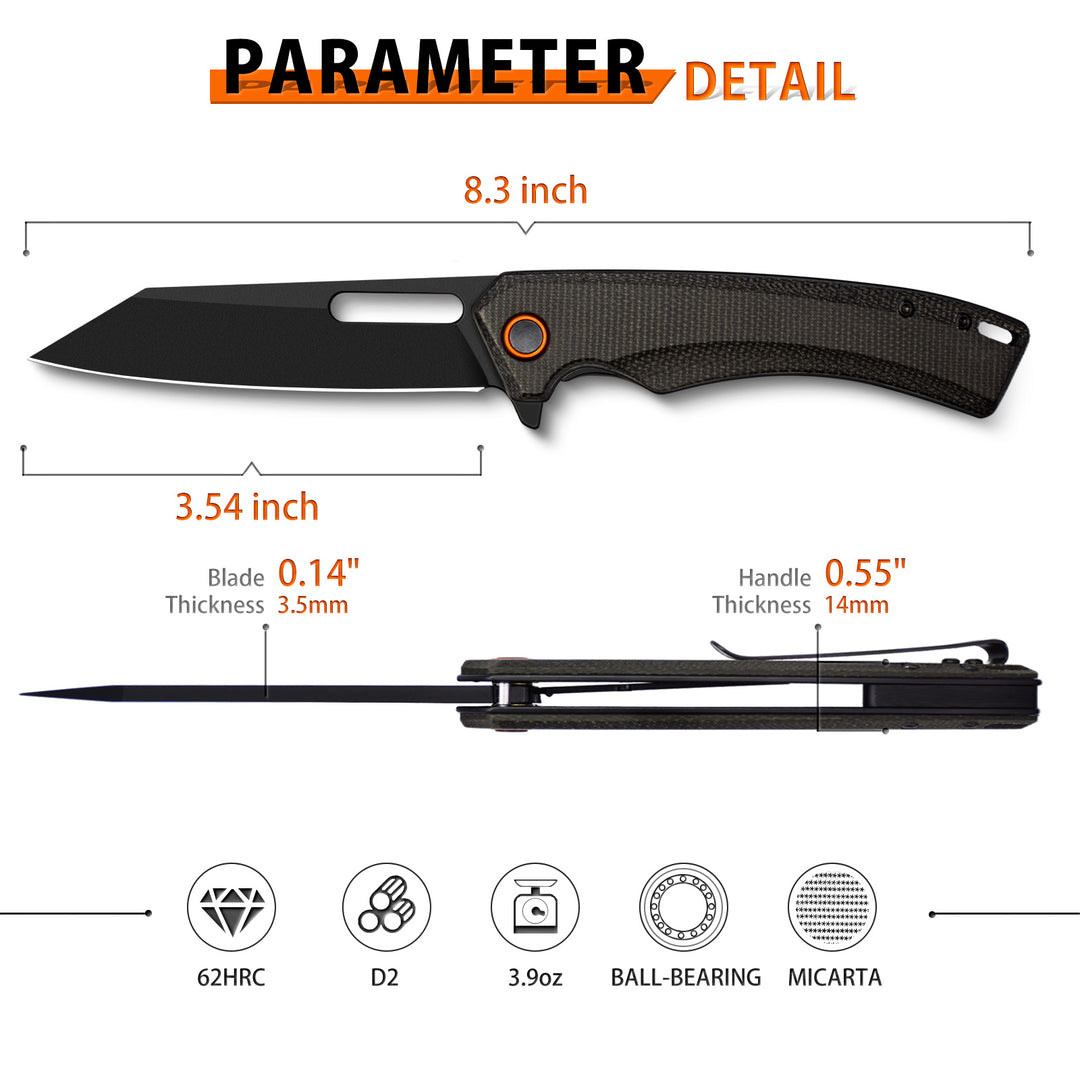 Mamba EDC Pocket Knife, D2 Blade and Micarta Handle
