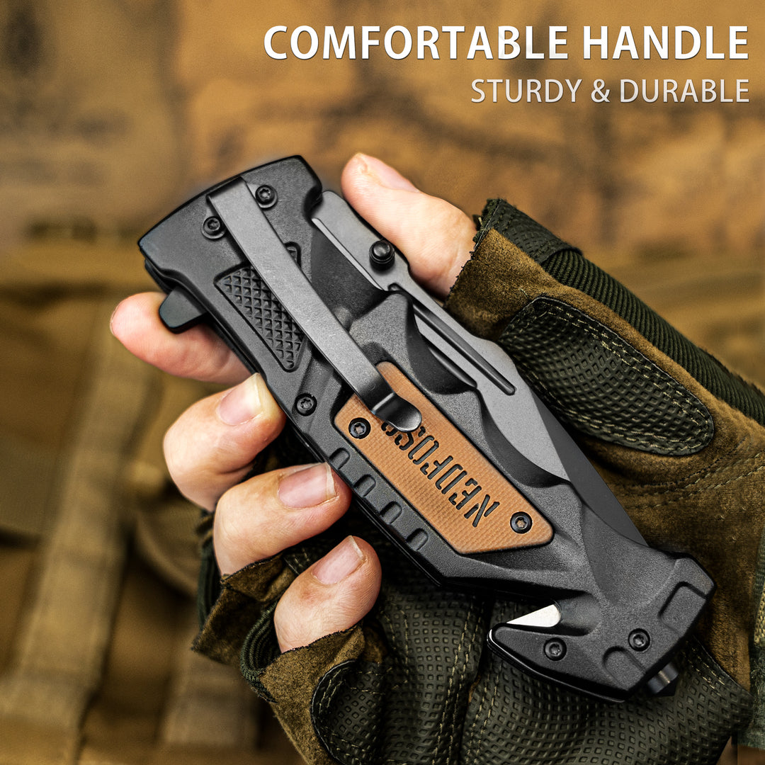 NedFoss DA75 Tactical Pocket Knife , 3 in 1 Folding Knife with Seat Belt Cutter, Glass Breaker, Emergency Rescue Tools