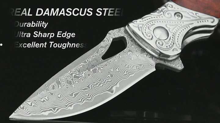 Heron Damascus Pocket Knife,  VG10 Damascus Steel Blade and Sandalwood Handle, Comes with Retro Leather Sheath