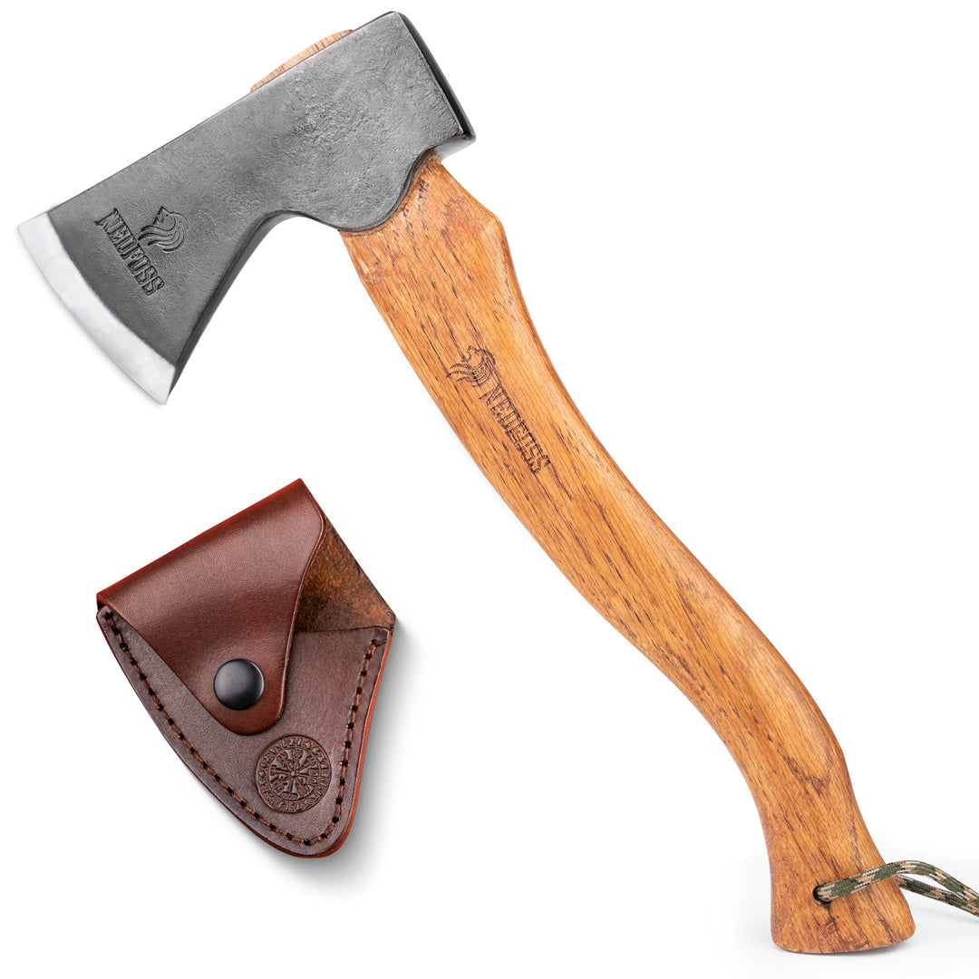 Nedfoss RF38 Outdoor Hatchet, Forged Carbon Steel and Head Beech Wood Handle,  Comes With Retro Leather Sheath