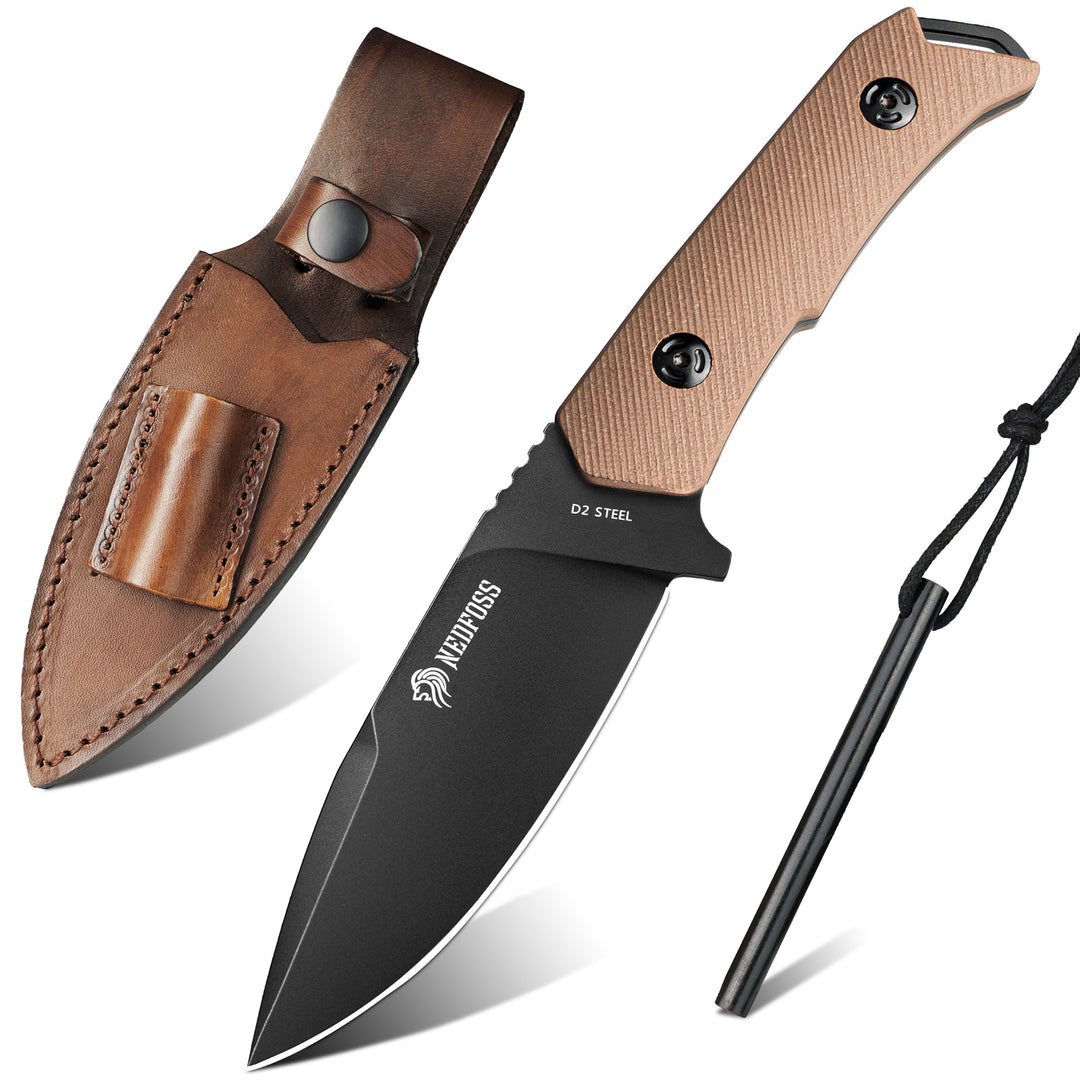 Nedfoss Boar Fixed Blade Knfie,  D2 Steel Full Tang Bushcraft Survival Knife with  G10 Handle, Comes With a Fire Starter and Leather Sheath