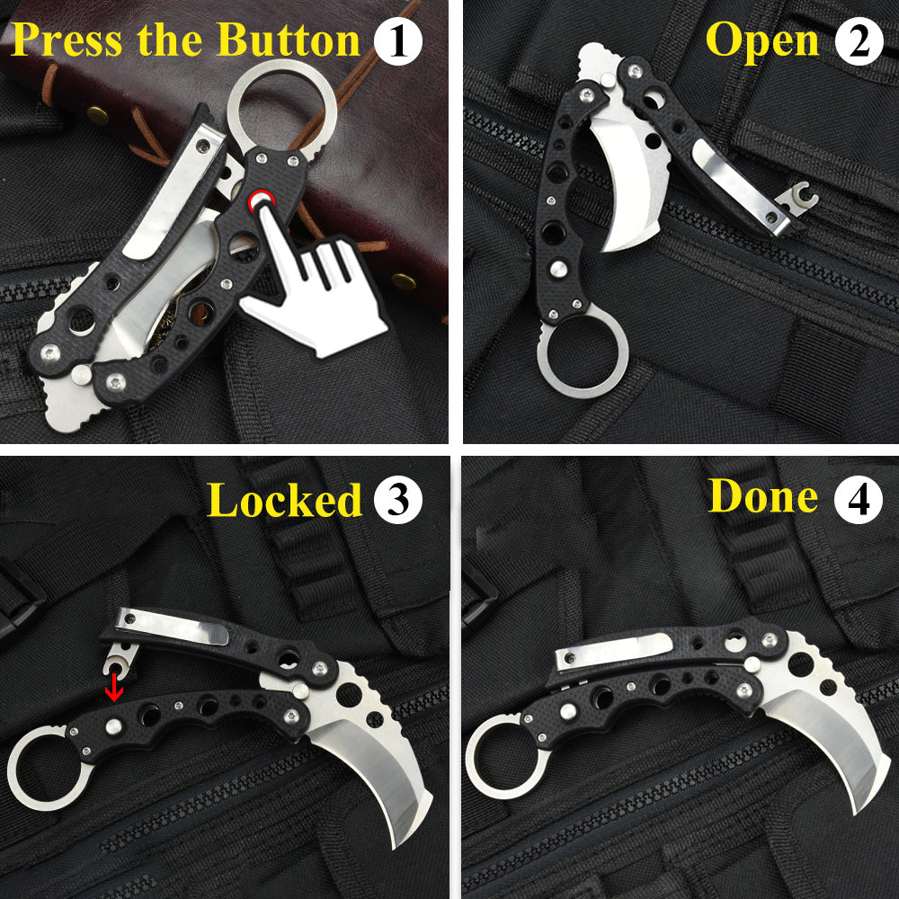 Nedfoss EDC Claw Knife Butterfly Knife, Folding Krambit Knife with G10 Handle, Button Lock