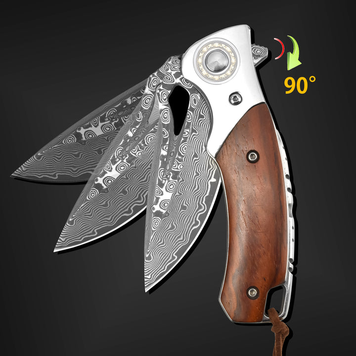 Heron Damascus Pocket Knife,  VG10 Damascus Steel Blade and Sandalwood Handle, Comes with Retro Leather Sheath