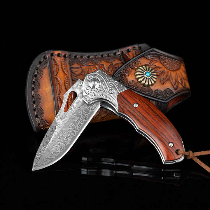 tiger-shark  Damascus Pocket Knife with Engraved Pattern and Sandalwood Handle