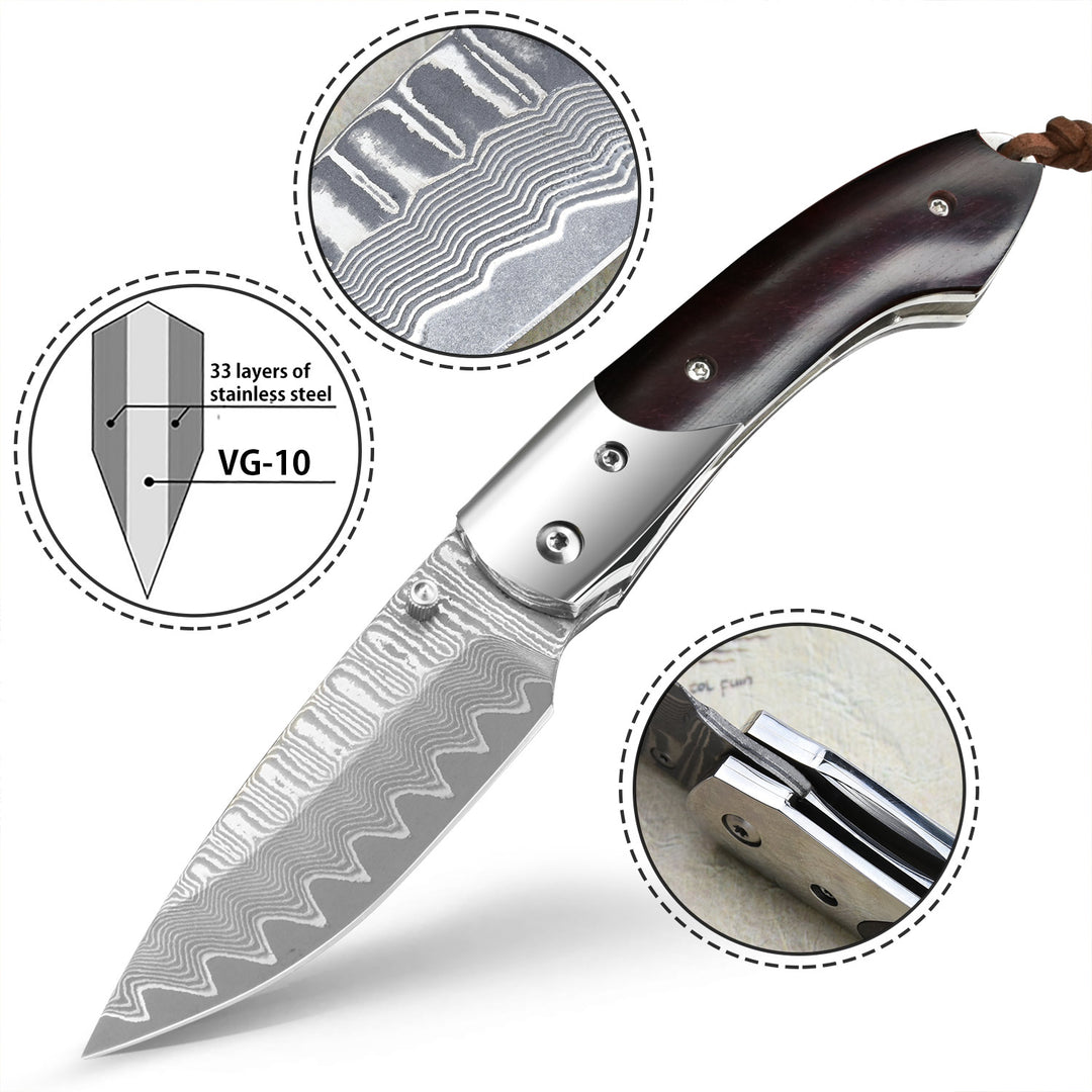Swordfish Damascus Pocket Knife, VG10 Damascus Steel Blade and Sandalwood Handle