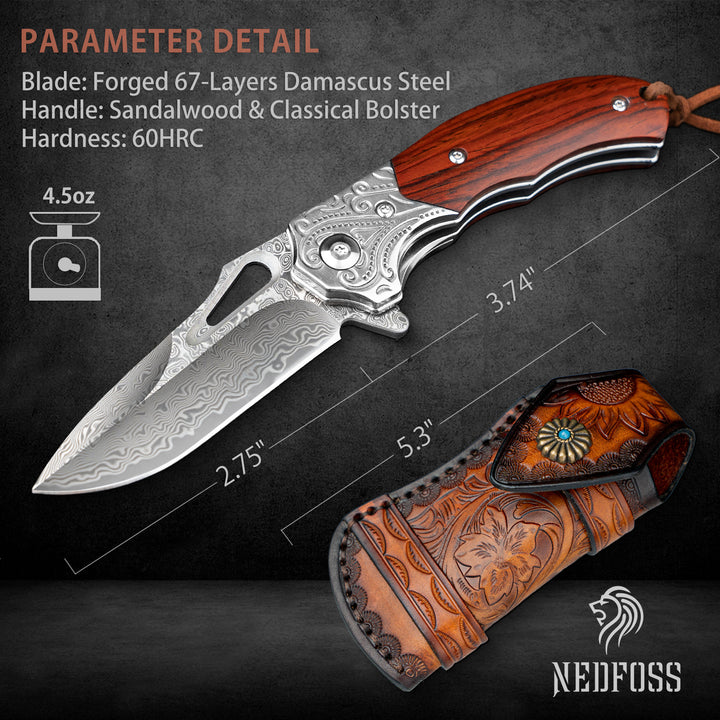 tiger-shark  Damascus Pocket Knife with Engraved Pattern and Sandalwood Handle
